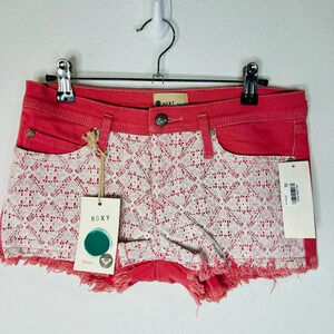 🆕 Roxy Denim Shorts Doily Dukes Cut Off Pink Lace Overlay Stretch